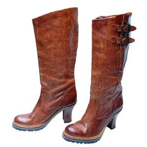 FRYE Mildred Cognac Leather Engineer Pull‎ On Heeled Boot